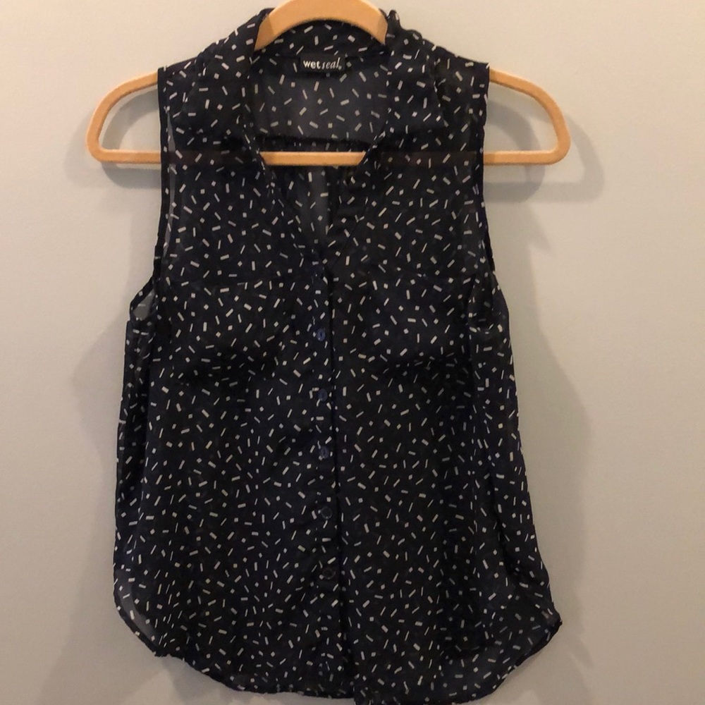 Sheer Sleeveless Navy Blue Button-up Blouse
